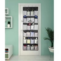 Over The Door Shoe Rack Organizer - 24 Large Mesh Pockets, 3 Hooks For Shoes, Accessories, White (63.78" X 18.9")